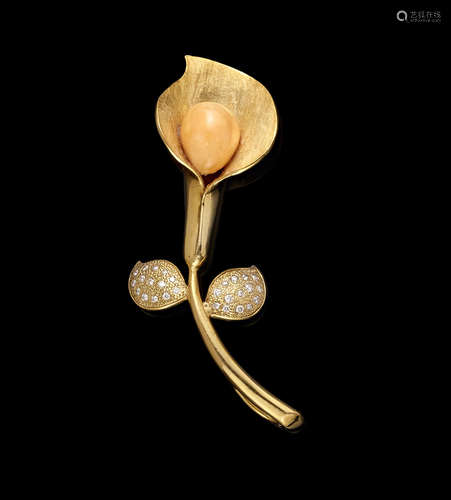 Orange Non-nacreous Pearl and Diamond Brooch