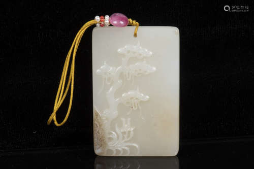 JADE CARVED 'PINE TREE' RECTANGULAR ORNAMENT