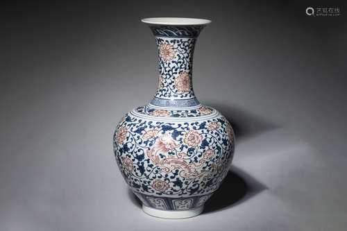 BLUE AND WHITE UNDERGLAZED RED VASE