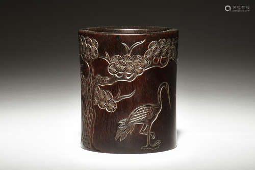 ZITAN WOOD CARVED 'CRANES' BRUSH POT