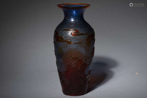 RED OVERLAY BLUE GLASS 'PINE TREES' VASE