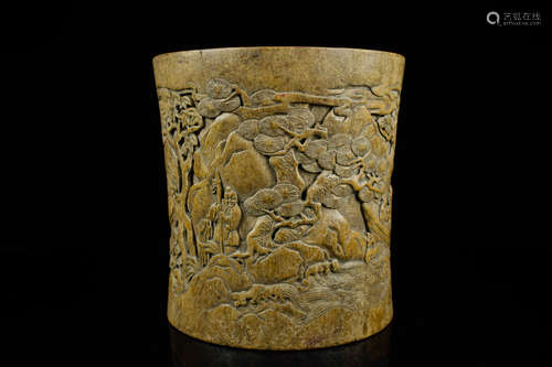 MYANMAR HUALI WOOD CARVED BRUSH POT