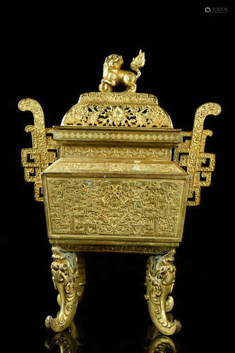 LARGE GILT BRONZE CAST 'MYTHICAL BEAST' RECTANGULAR CENSER