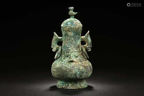 ARCHAIC BRONZE CAST 'MYTHICAL BEAST' VASE WITH LID