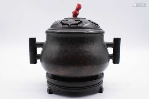 BRONZE CAST CENSER WITH WOOD CARVED LID AND STAND