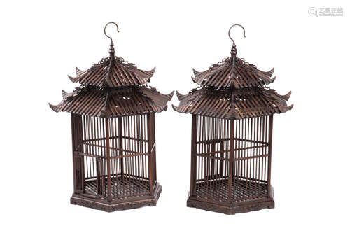 PAIR OF ZITAN WOOD CARVED BIRD CAGES