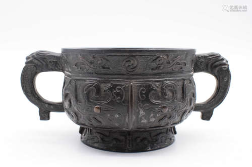 BRONZE CAST 'TAOTIE' CENSER WITH HANDLES