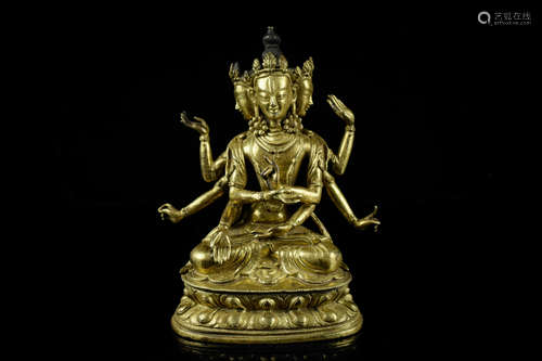 GILT BRONZE CAST EIGHT-ARM AVALOKITESHVARA SEATED FIGURE