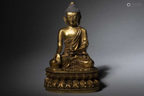 GILT BRONZE CAST BHAISAJYAGURU SEATED FIGURE