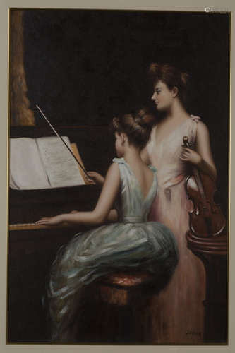 FRAMED OIL ON CANVAS PAINTING 'MUSIC TEACHER AND STUDENT'