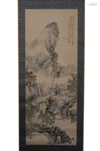 JAPANESE INK AND COLOR ON SILK PAINTING 'LANDSCAPE SCENERY'