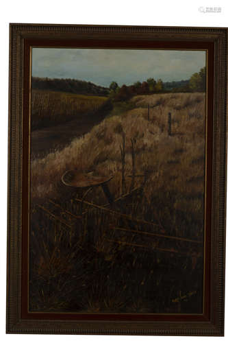 MARY JANE DAVID: FRAMED OIL ON CANVAS PAINTING 'FIELD'