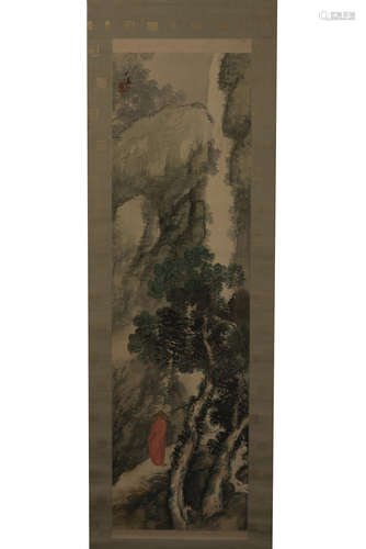 JAPANESE INK AND COLOR ON SILK PAINTING 'LANDSCAPE SCENERY'