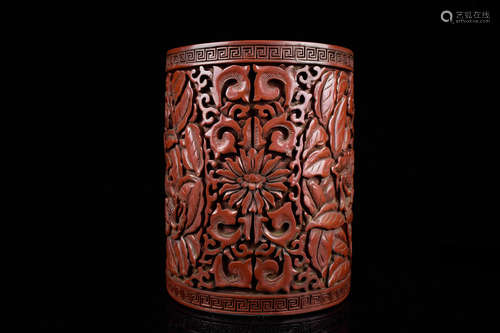 CINNABAR LACQUER CARVED 'FLOWERS' BRUSH POT