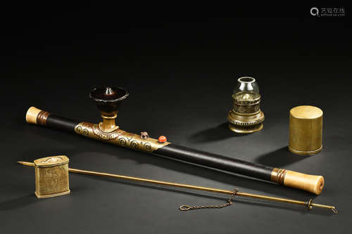 SET OF FOUR OPIUM PIPE AND TOOLS