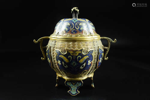 CLOISONNE ENAMELED 'TAOTIE' TRIPOD CENSER WITH LID