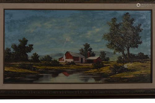 HILGER: FRAMED ACRYLIC ON CANVAS PAINTING 'RED BARN'