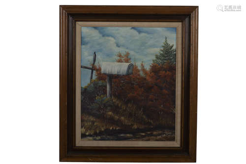 MARY JANE DAVID: FRAMED OIL ON CANVAS PAINTING 'MAILBOX'