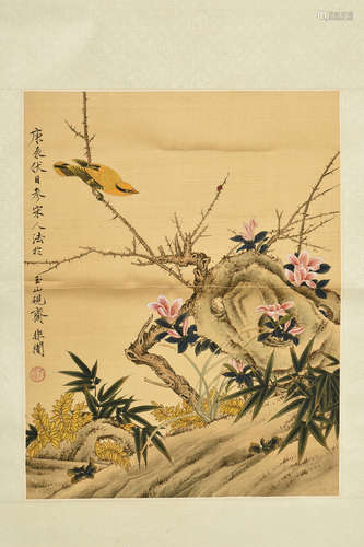 YU FEIAN: INK AND COLOR ON SILK PAINTING 'FLOWERS AND BIRDS'