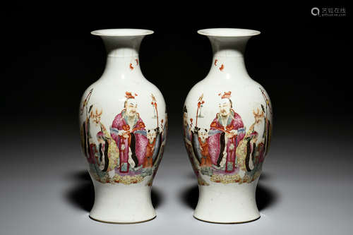 PAIR OF FAMILLE ROSE 'FU LU SHOU' VASES