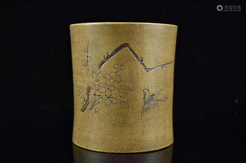 YIXING ZISHA 'FLOWERS AND BIRDS' BRUSH POT