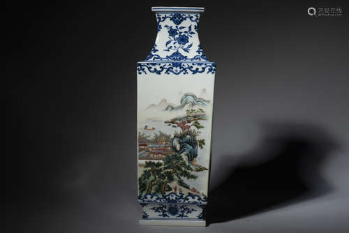 BLUE AND WHITE FAMILLE ROSE 'LANDSCAPE SCENERY' VASE