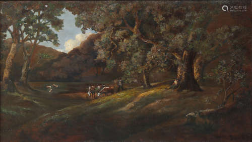 Jules R. Mersfelder (American, 1865-1937), circa 1885, Cattle in Wooded Clearing, oil on canvas,