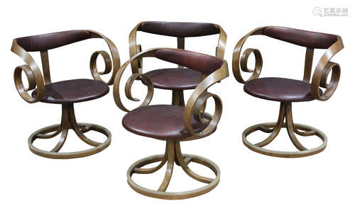 (lot of 4) George Mulhauser for Plycraft “Sultana” swivel chairs, executed in curved plywood, having