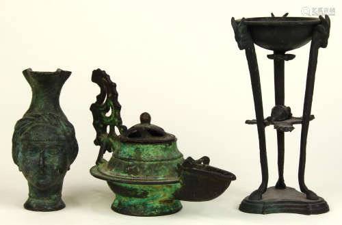 (lot of 3) Patinated bronze Grand Tour group, depicting pieces after the antique, including a