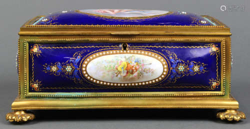 Continental ormolu mounted porcelain and guilloche decorated cigar box, with hand-painted figural