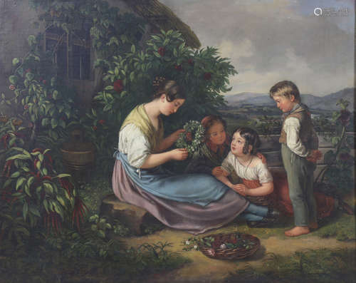 Joseph Lavos (Austrian, 1807-1848), Untitled (Mother and Children Making Wreaths), oil on board,