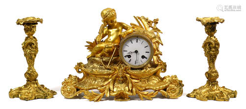 (lot of 3) French Louis XV style Japy Freres gilt bronze clock garniture, the figural eight day