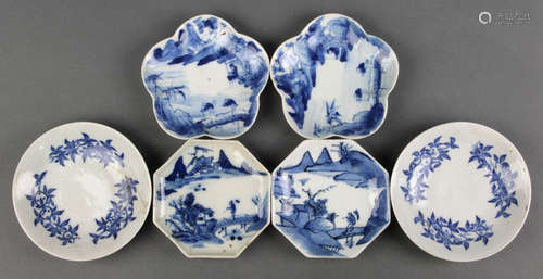 (lot of 6) Chinese underglazed blue porcelain small dishes, two of octagonal form with a villager