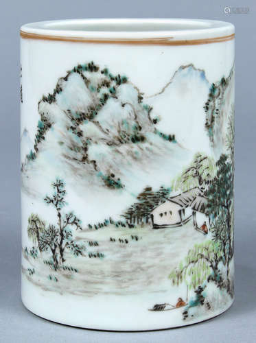 Chinese enameled porcelain brush pot, featuring a qianjiangcai landscape with boats on the river and