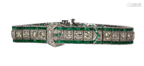 Diamond, emerald and platinum bracelet Featuring (37) full-cut diamonds, weighing a total of