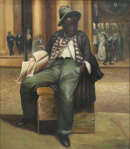 African American School (20th century), Untitled (City Newspaper Boy), oil on canvas, monogrammed 