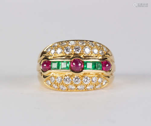 Ruby, emerald, diamond and 18k yellow gold ring Featuring (4) square-cut emeralds, weighing a