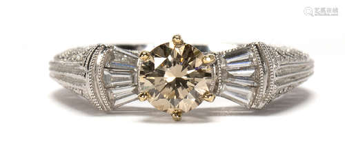 Diamond and 18k white gold ring Centering (1) round brilliant-cut diamond, weighing approximately