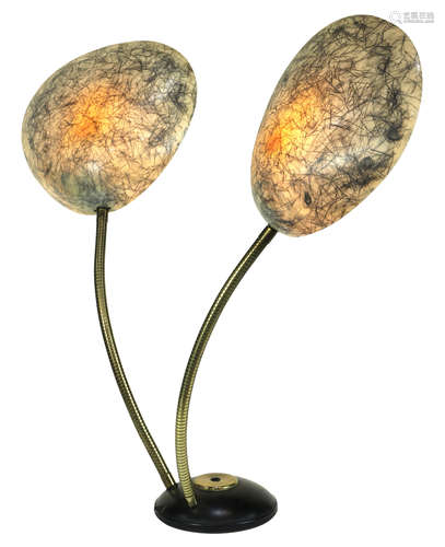 Mid-Century Modern Greta Grossman Cobra lamp, circa 1950, having coarse fiberglass shades above