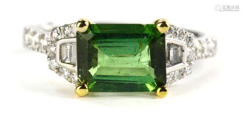 Tourmaline, diamond, 14k yellow and white gold ring Centering (1) rectangular step-cut green