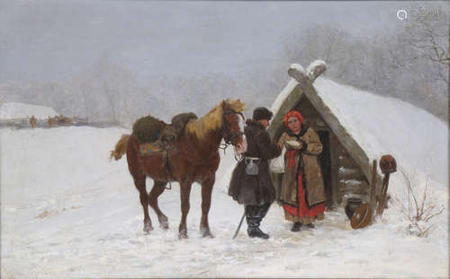 Jozef Ryszkiewicz (Polish, 1856-1925), Untitled (Winter Scene with Figures and Horse), oil on canvas