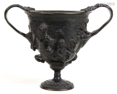 Patinated bronze figural vase after the antique, depicting a mythological scene decorated in the