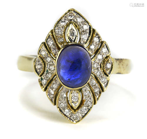 Sapphire, diamond and 14k yellow gold Ring Centering (1) oval sapphire cabochon, measuring