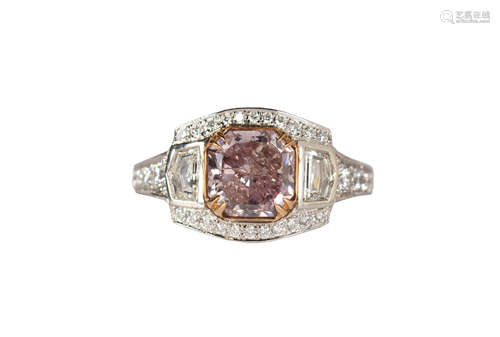 Natural fancy brownish-pink diamond, diamond and 18k rose gold and platinum ring Featuring (1)