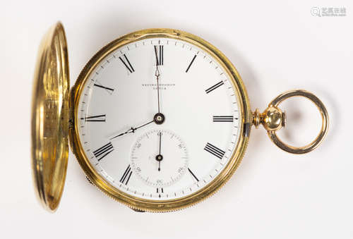 Racine Perrot 18k yellow gold hunting case pocket watch Dial: round, white, black Roman numeral hour