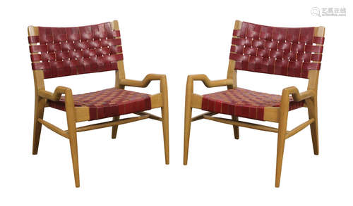 (lot of 4) John Keal for Brown Saltman lounge chairs, the woven back and seats executed in red