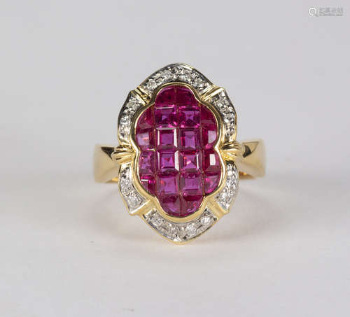 Ruby, diamond, platinum and 18k yellow gold ring Centering (20) square-cut rubies, weighing a