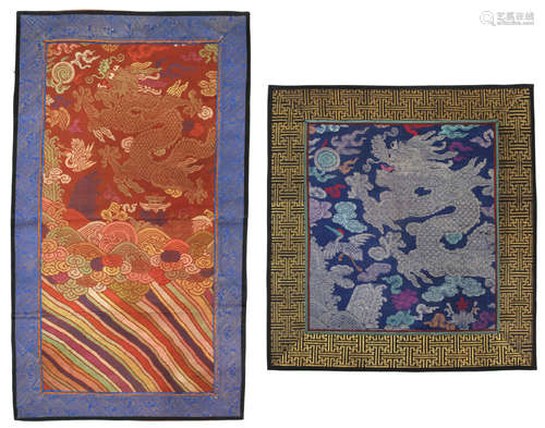 (lot of 2) Chinese textile fragments, each woven with a five-claw dragon, one with blue ground,