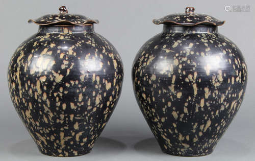 Pair of Chinese tortoise shell glazed ceramic jars, tapering ovoid body, with tan colored spots on a