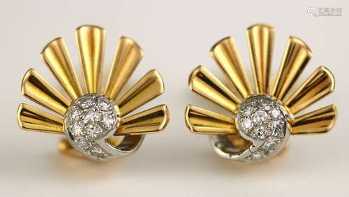 Pair of Retro diamond and 18k yellow gold fan earrings Featuring (18) single-cut diamonds,